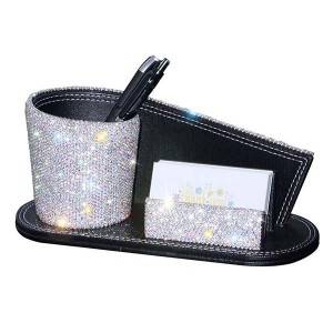 Bling Crystal Pen Holder, Decorative Crystal Business Name Cards box, Rhinestone PU Leather Gift for Women Girls, White