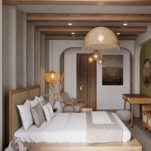 सानुकूलित हॉटेल बेडरूम फर्निचर सेट नैसर्गिक रतन लाकडी राजा आकार बेड
