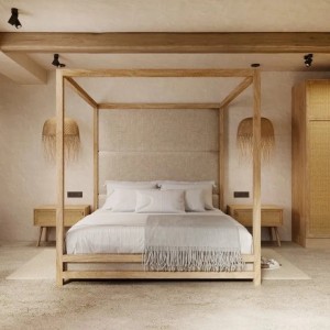 เฟอร์นิเจอร์ห้องนอนของโรงแรมที่กำหนดเองชุดเตียงไม้หวายธรรมชาติขนาดคิงไซส์