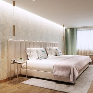 Hotel Projet Luxus duebel Bett Schlofkummer Miwwelen mat petal headboard