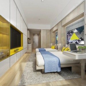 Hotelli kaasaegse magamistoaga puidust kohandatud suurusega tuba Hotellimööbel