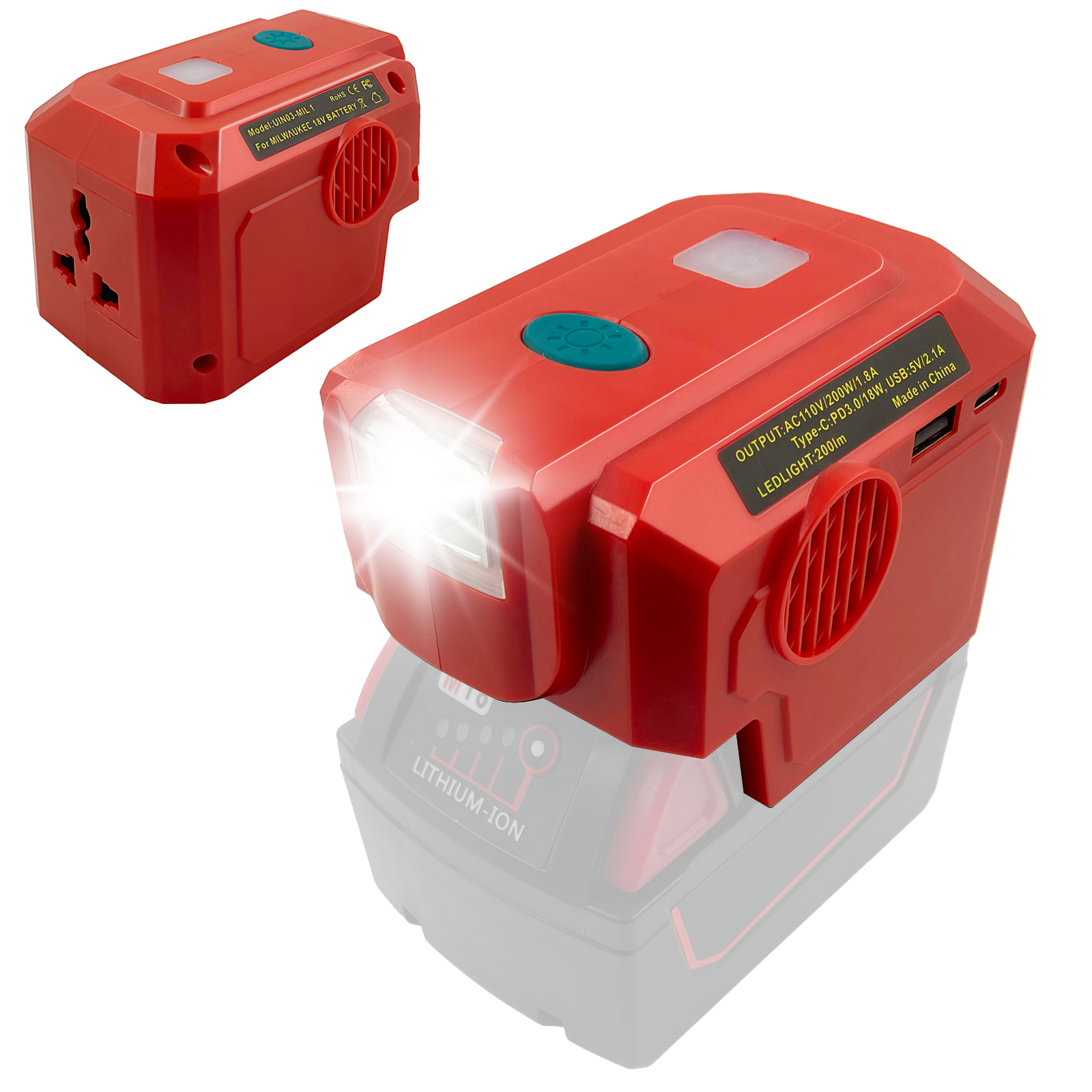 200W Power Inverter generator compatible with Milwaukee M18 18V Lithium Battery