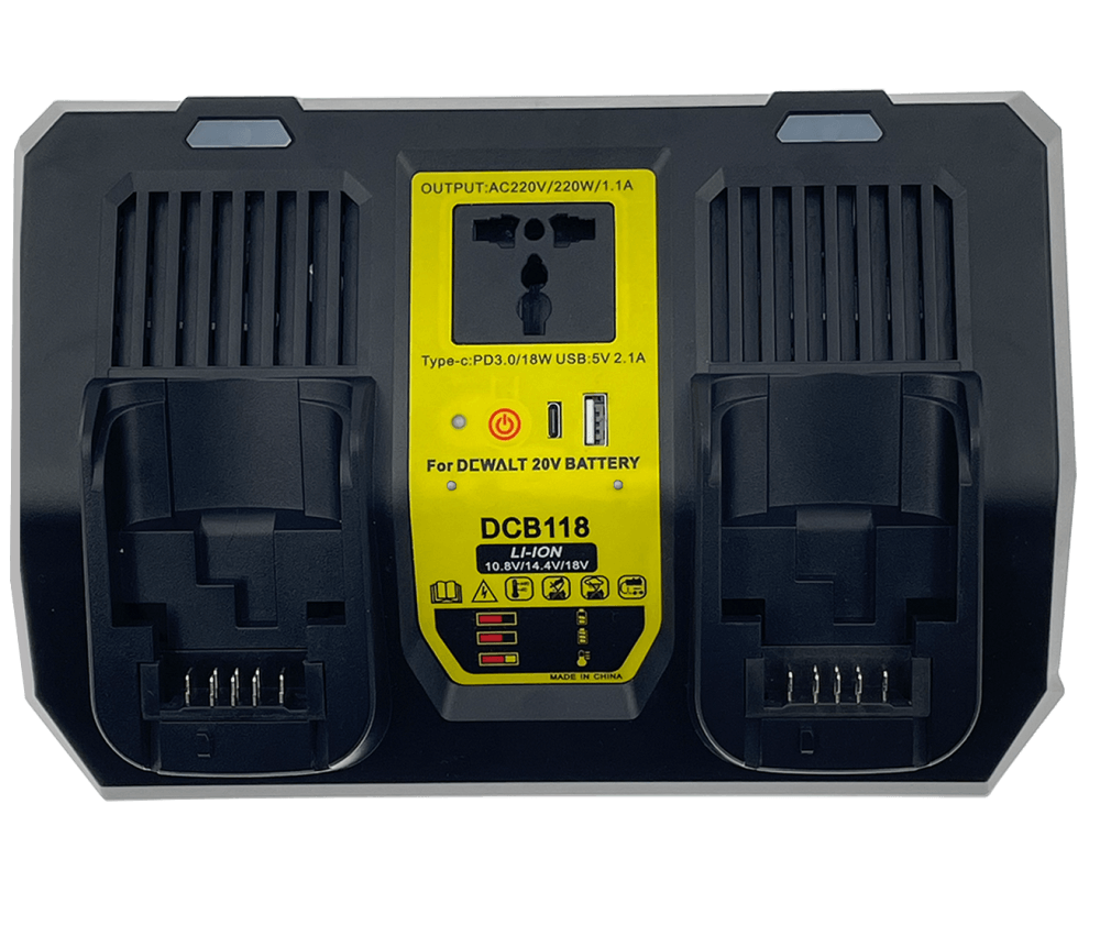 A dual channel tool battery charger with USB/USB C interface and DC AC inverter function