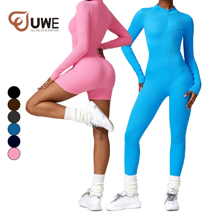 Yoga Jumpsuit Umthungo Ribbed Isiqingatha Zipper One Piece Rompers Bodysuit