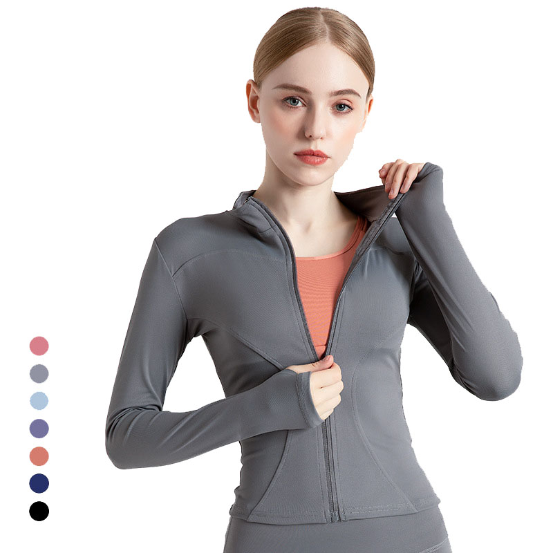 Jaqueta de ioga com furos para polegar feminina elástica manga comprida com zíper completo roupa de corrida