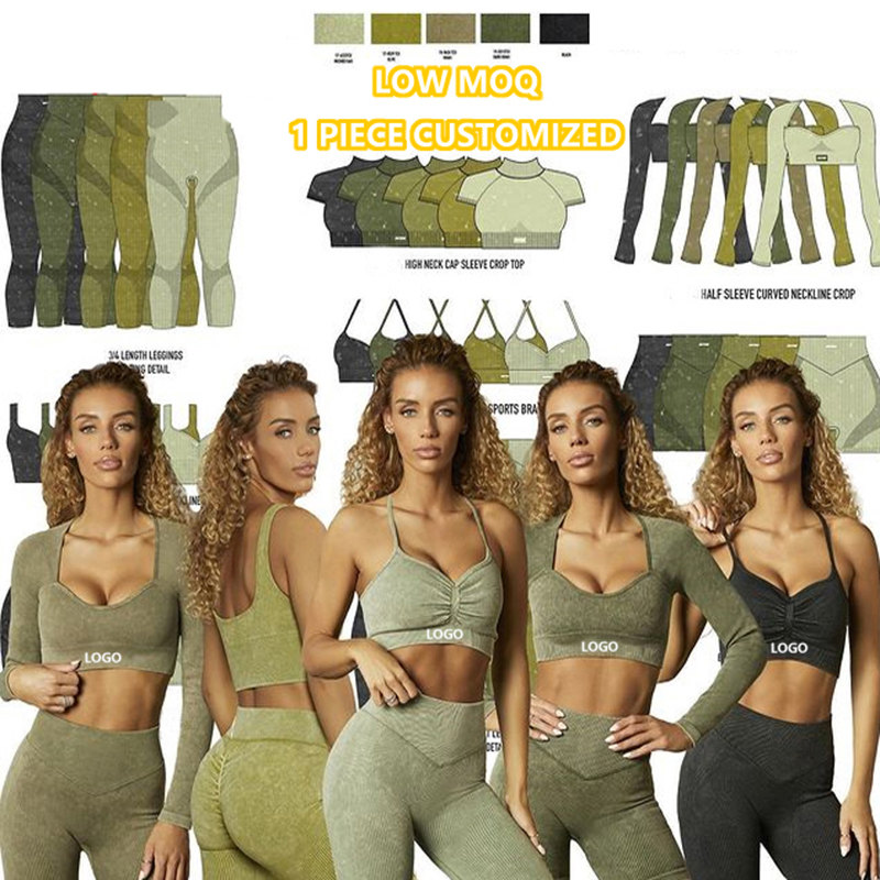 6pcs Wash Ribbed Fitness Yoga Set Active Seamless Workout Gym Fitness Suit