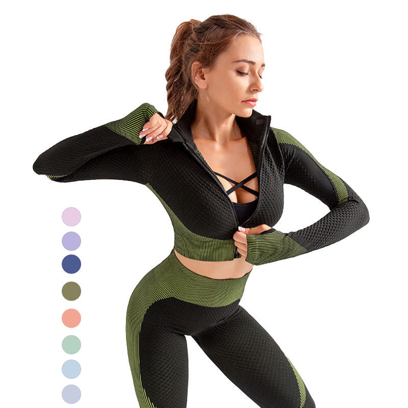 Women 3 Piece Yoga Set Knitted Zipper Seamless Gym Suit