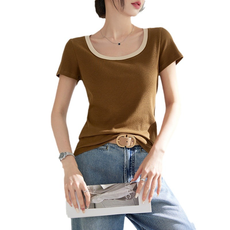 Yoga Y-shirt Square Neck Color Block Short Sleeve T-Shirt