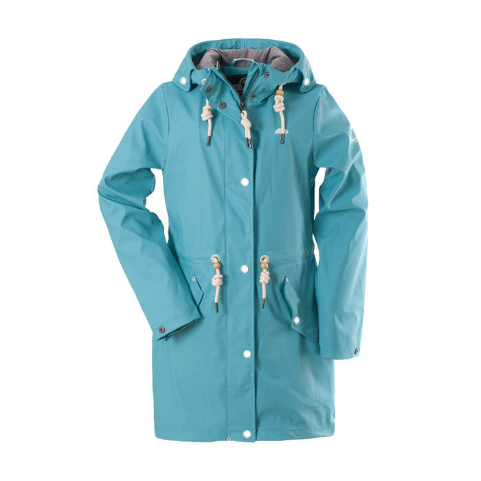 Hooded Blue PU Knit Long Raincoat With Waistband M17120