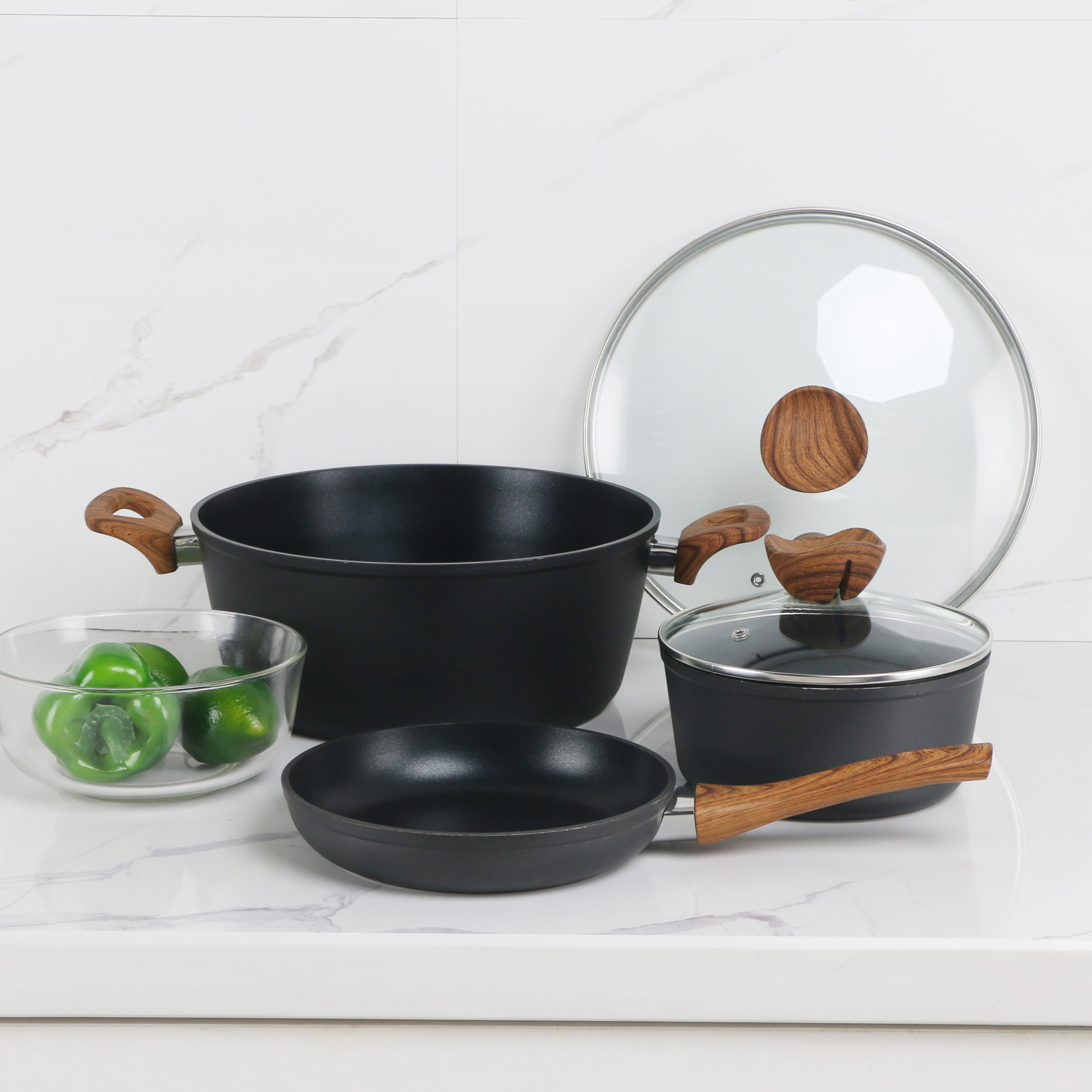 Induction Kitchen Cookware Sets Nonstick Granite Hammered Pan Set 