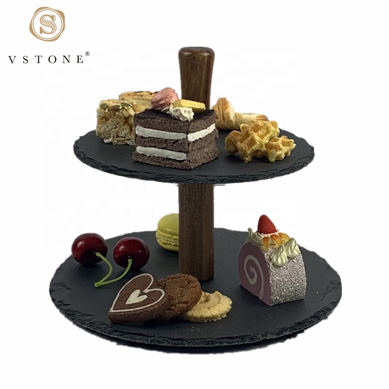 Natural Black Stone two layers Round Slate Cake Stand with Acacia Wood Holder for Wedding Decoration
