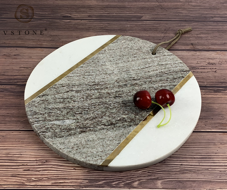 Chinese Factory 2-tone Marble Stone Cutting Board Serving Platter with inlaid Brass