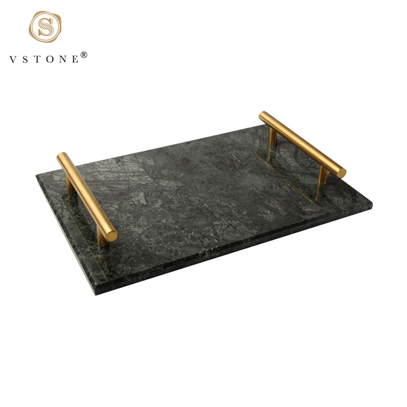 Green Marble  Decorative Serving Tray Hotel Home Bathroom Natural Marble Tray with gold  handles