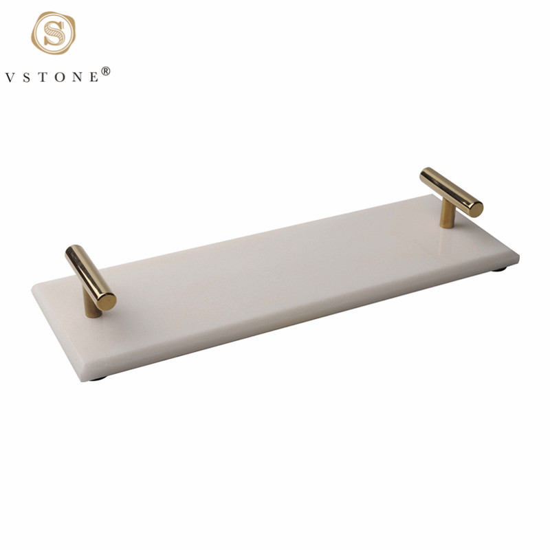 Convenient Rectangle Natural Marble Food Serving Tray with Gold Handles