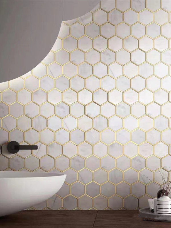 Marble inlay brass gold hexagon white tile for vanity backsplash wall