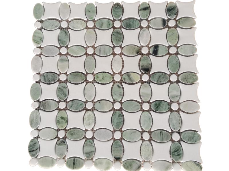Modern Design White And Green Waterjet Marble Mosaic Lily Flower Tile (1)