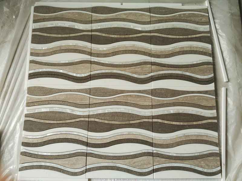 Modern Wall Design Of Brown Waterjet Wavy Pattern Marble Mosaic Tile (4)