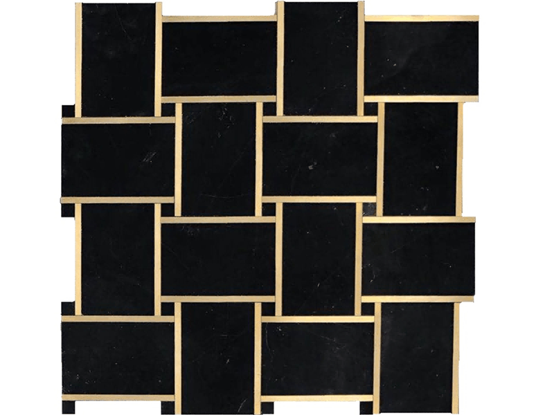 Natural Black Marble Tile With Brass Inlay Basketweave Mosaic Tile (1)