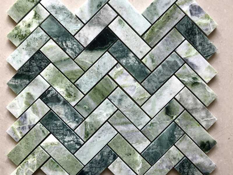 Natural Green Marble Herringbone Mosaic Stone Tile Backsplash (6)