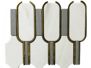 New Arrival Oval Brass Inlay White Tictax Marble Mosaics Tiles