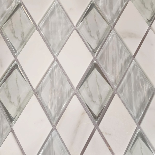 White marble diamond mosaic with glass inlay tile