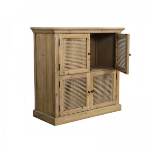 Recycled Fir Kitchen Display Cabinet With 4 Natural Rattan Doors