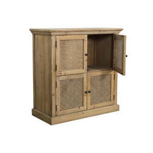 Recycled Fir Kitchen Display Cabinet With 4 Natural Rattan Doors