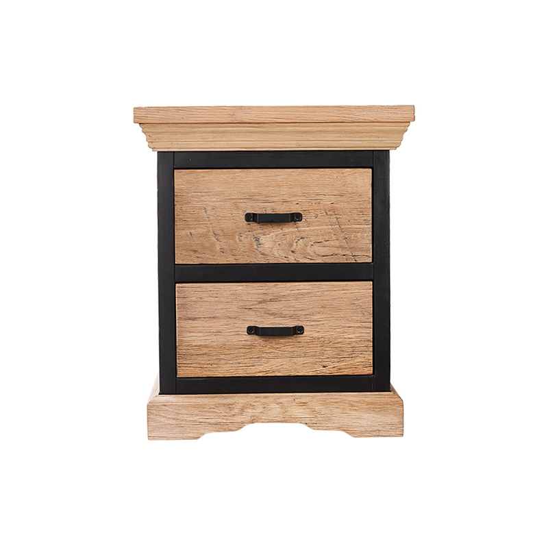 Stolik boczny z drewna z odzysku, o industrialnym wzorze, z 2 szufladami