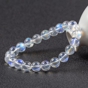 High Quality Crystal Bracelet Jewelry Transparent Rainbow Moonstone Round Bead Blue Moonstone Gemstone Beaded Stretch Bracelet