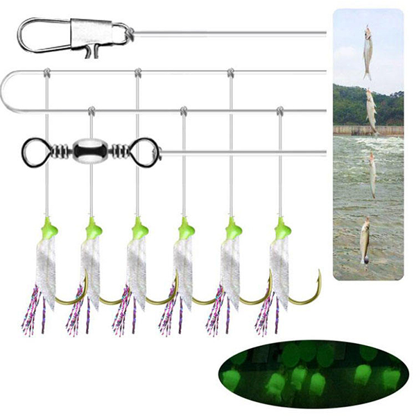 China WH-H043 8-19# Sabiki Fishing Rigs Feather Hooks 6 pcs Green  manufacturers and suppliers