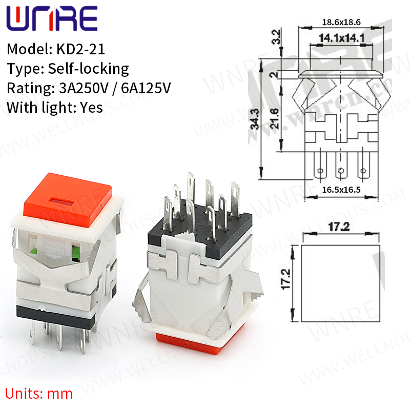 3A 250V 6A 125V Self-locking Push Button Switch With Light KD2 Series  6 Pins Red/Green