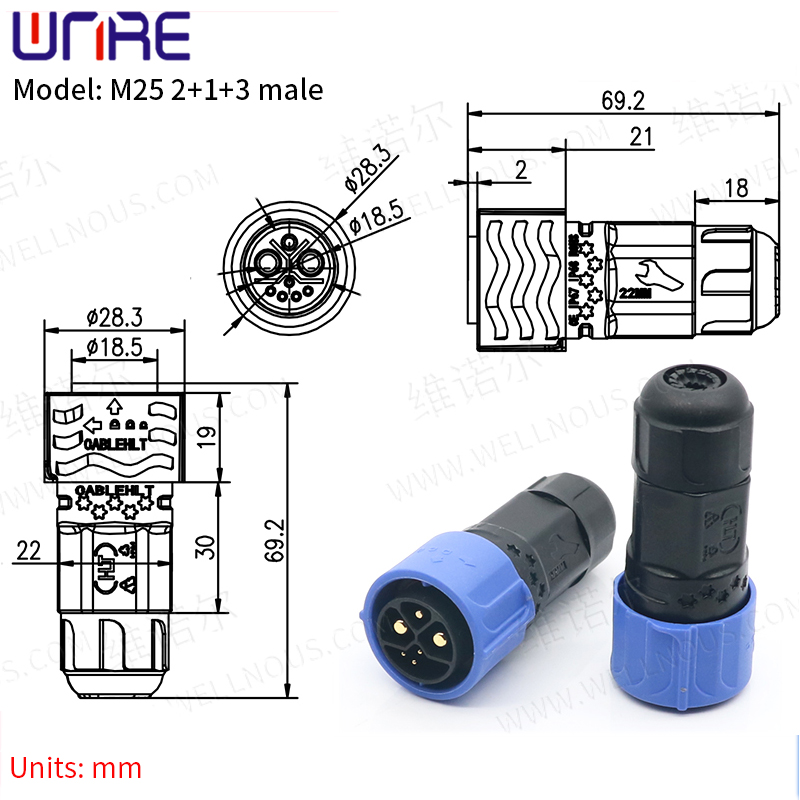 E-BIKE Battery Connector IP67 30-50A Charging Port M25 2+1+3 Male Plug With Cable Scooter Socket e Bike Plug Batteries