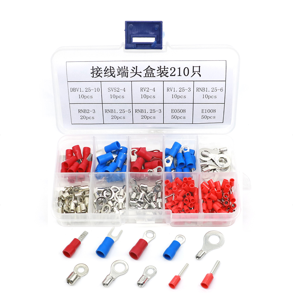 210pcs Boxed Crimp Terminal O Shaped Wire Connector OT RNB2-3 + E0508 Insulated Ferrules Terminal Block Cord End Wire Connector