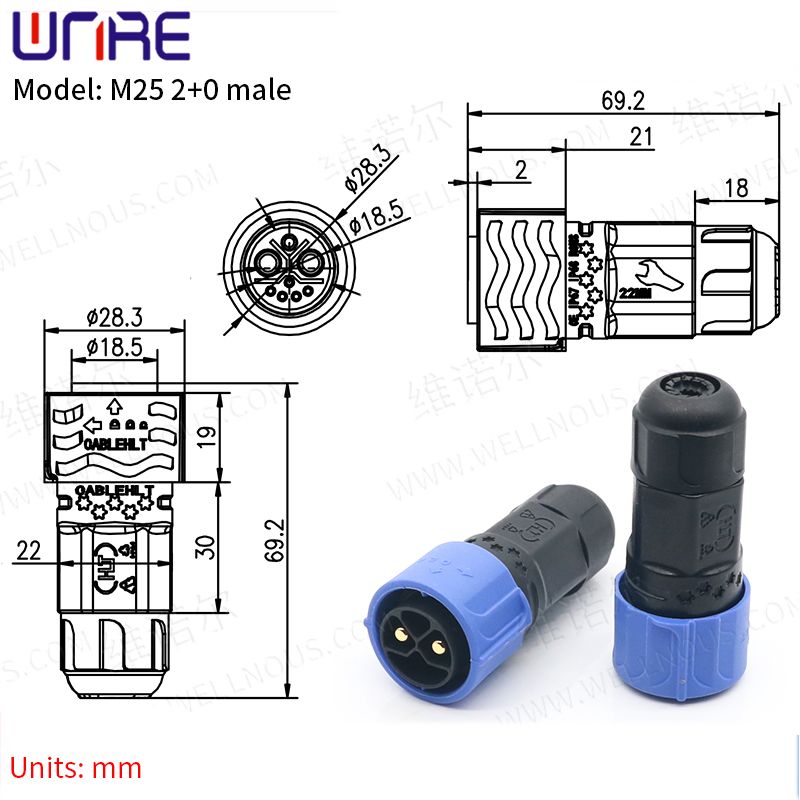 E-BIKE Battery Connector IP67 30-50A Charging Port M25 2+0 Male Plug With Cable Scooter Socket e Bike Plug Batteries