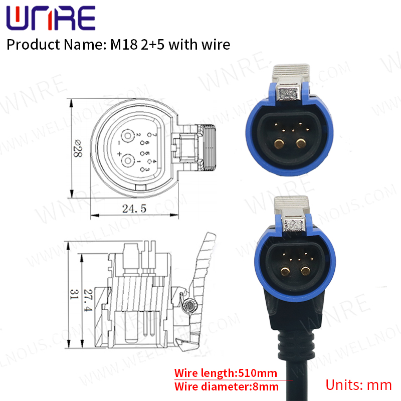 M18 2+5 Male Wire Electric Bike Charging Port Scooter E-Bike Battery Connector 30-50A IP67 Scooter Socket Power Plug