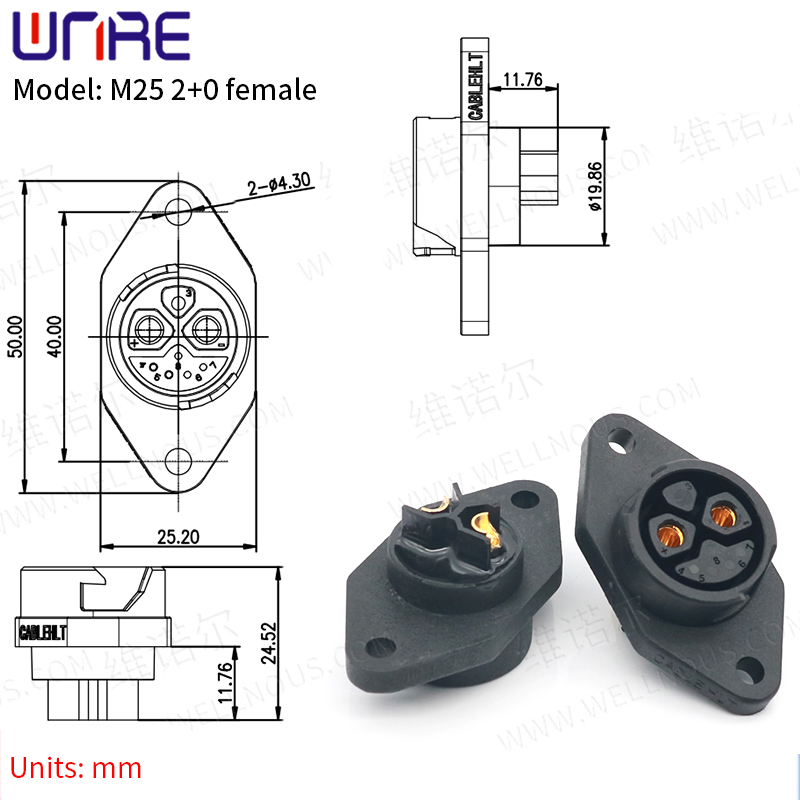 E-BIKE Battery Connector IP67 30-50A Charging Port M25 2+0 Female Rhombus Plug With Cable Scooter Socket e Bike Plug Batteries
