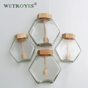 Wholesale Hexagonal 220ml Glass Honey Jar With Wooden Dipper Lid