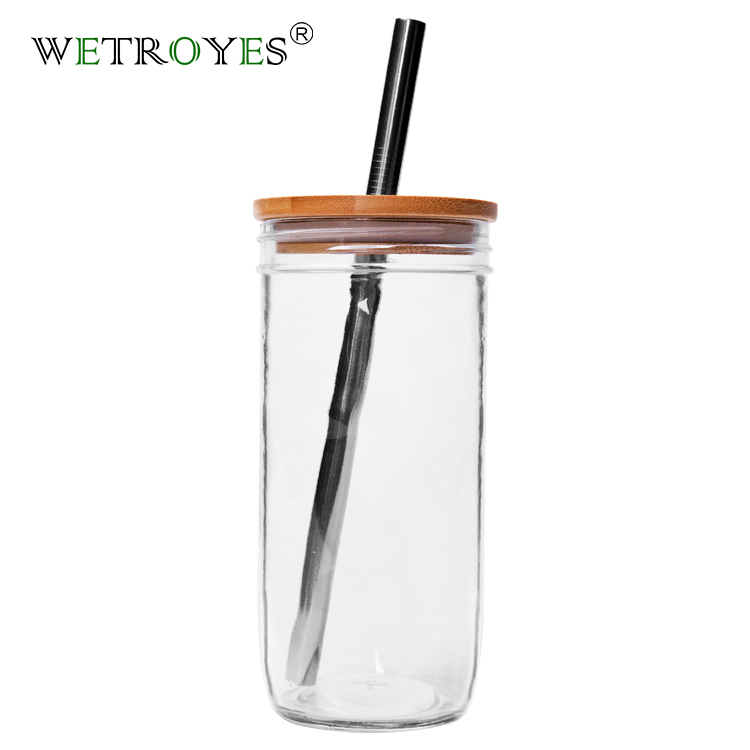 500ml 700ml Wide Mouth Glass Mason Jar with Handles Straws and