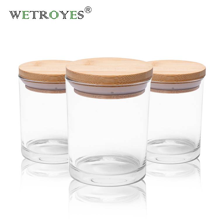 Empty 7oz clear glass candle jars with bamboo lids for candle making DIY  factory and manufacturers
