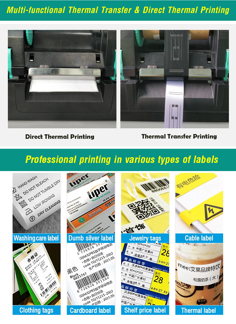 Įvairių tipų etiketės, kurias palaiko terminio perdavimo spausdintuvas