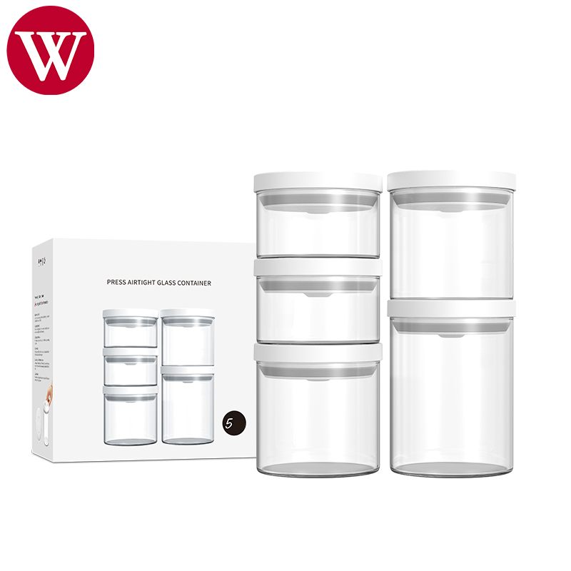 Loftdicht Coffee Canister Grousshandel populär Promotiouns kloer Glas 5pcs Liewensmëttel Stockage Container Set mat Deckel