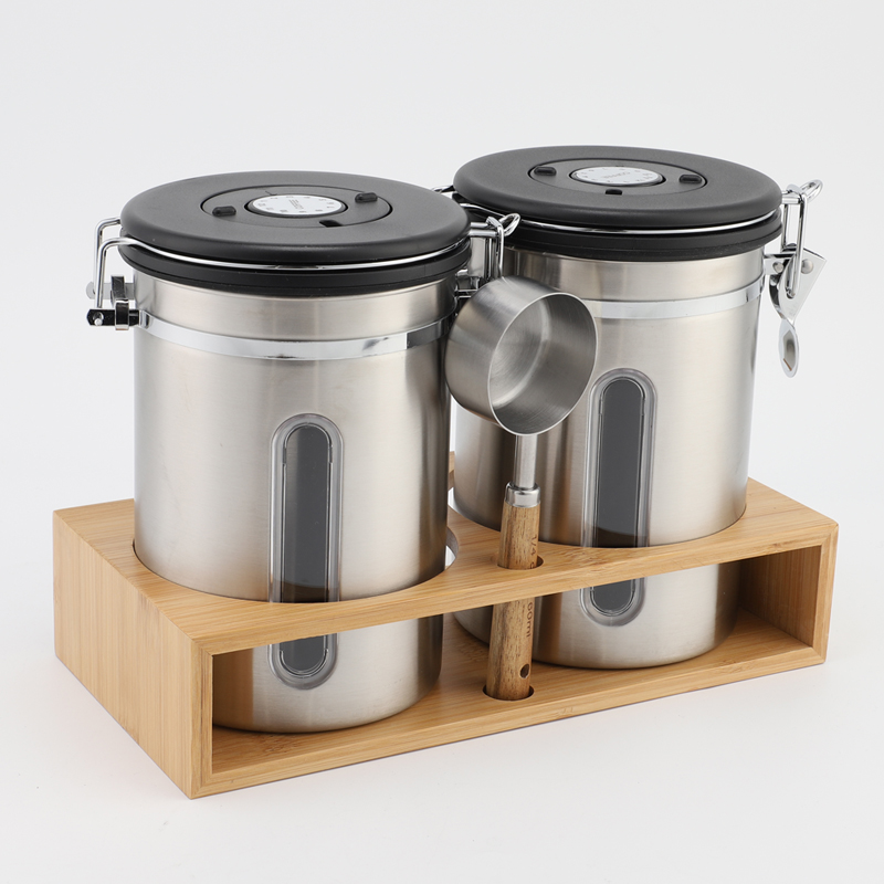 Hot Sale Vacuum Sealed Food Storage Coffee Canister Airtight Stainless Steel Coffee Canister Set With Wooden Holder & Spoon