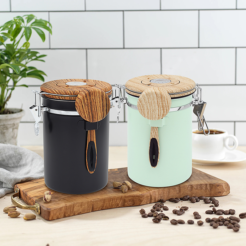 Airtight Stainless Steel Wooden Coffee Canister with Co2 Valve Coffee Bean Storage Containers with Scoop