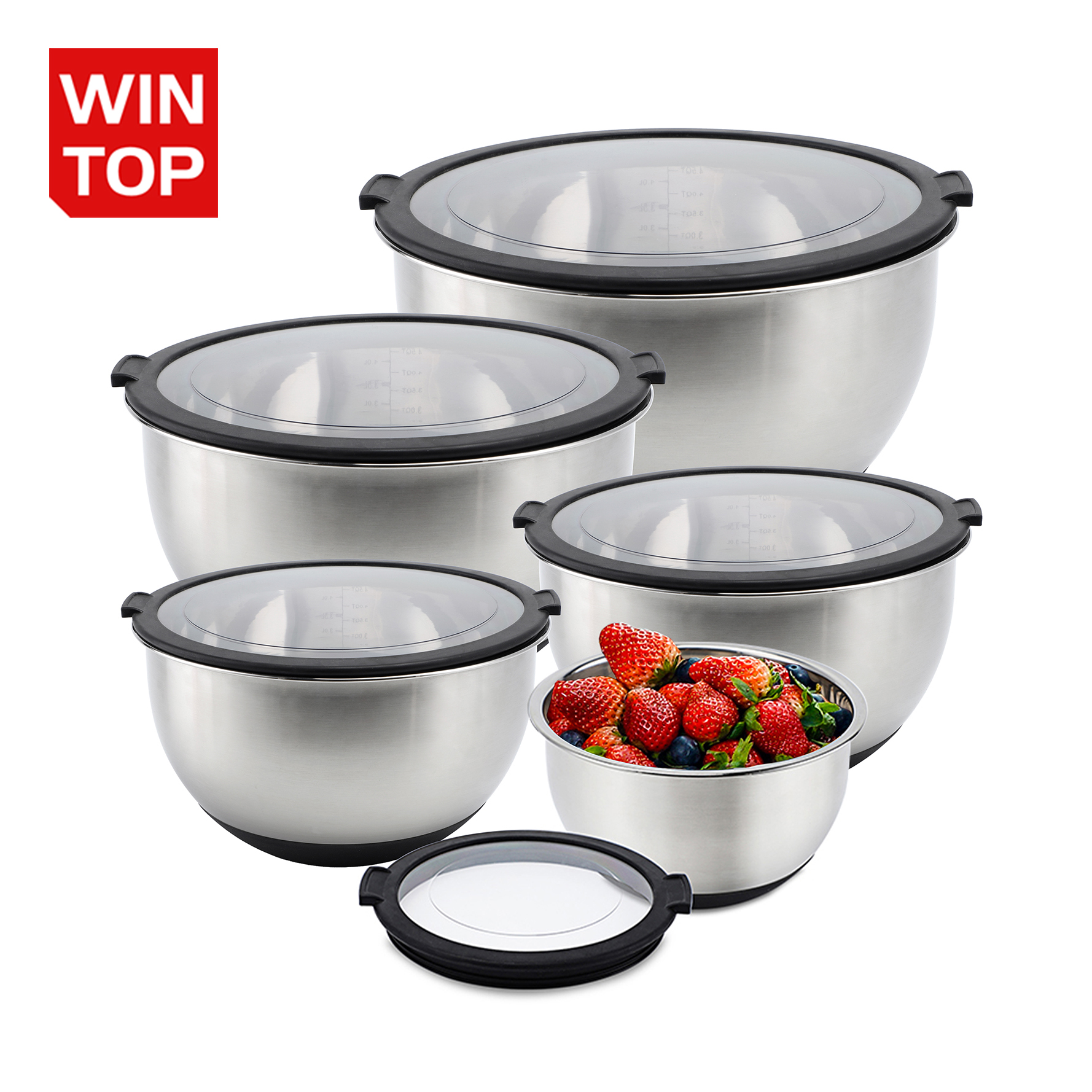 Kitchen Metal Salad Mixing Bowls Set of 5 Stainless Steel Mixing Bowl With Clear Airtight Lid