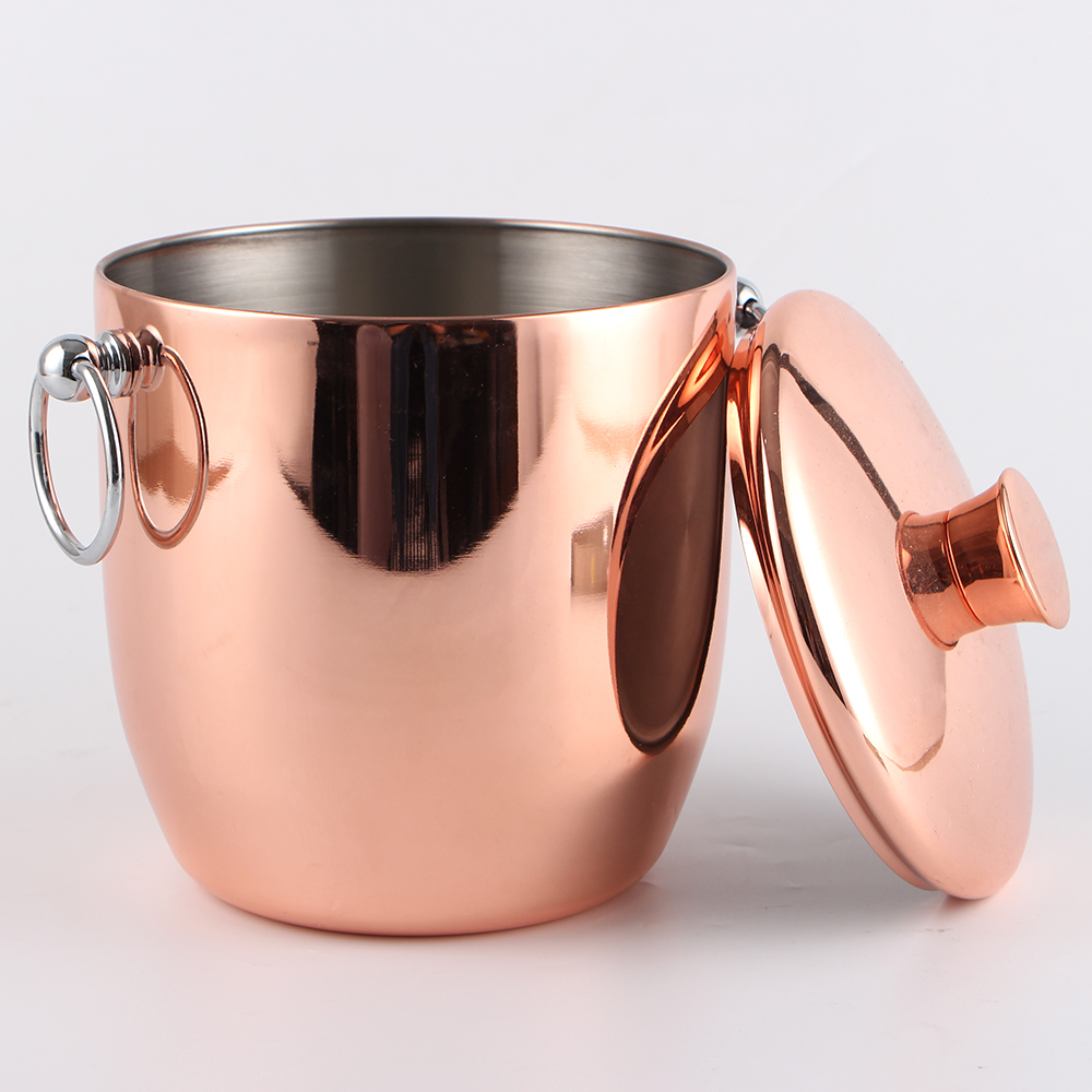 Copper Plated Insulated Metal Bakin Karfe Biya Bucket Ice Bucket tare da Murfi da Tong