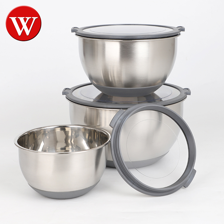 Stainless Steel Mixing Bowls Set Of 3 Transparent Lid Kitchen Non Slip Bottom Salad Vegetable Food Storage Metal Mixing Bowl