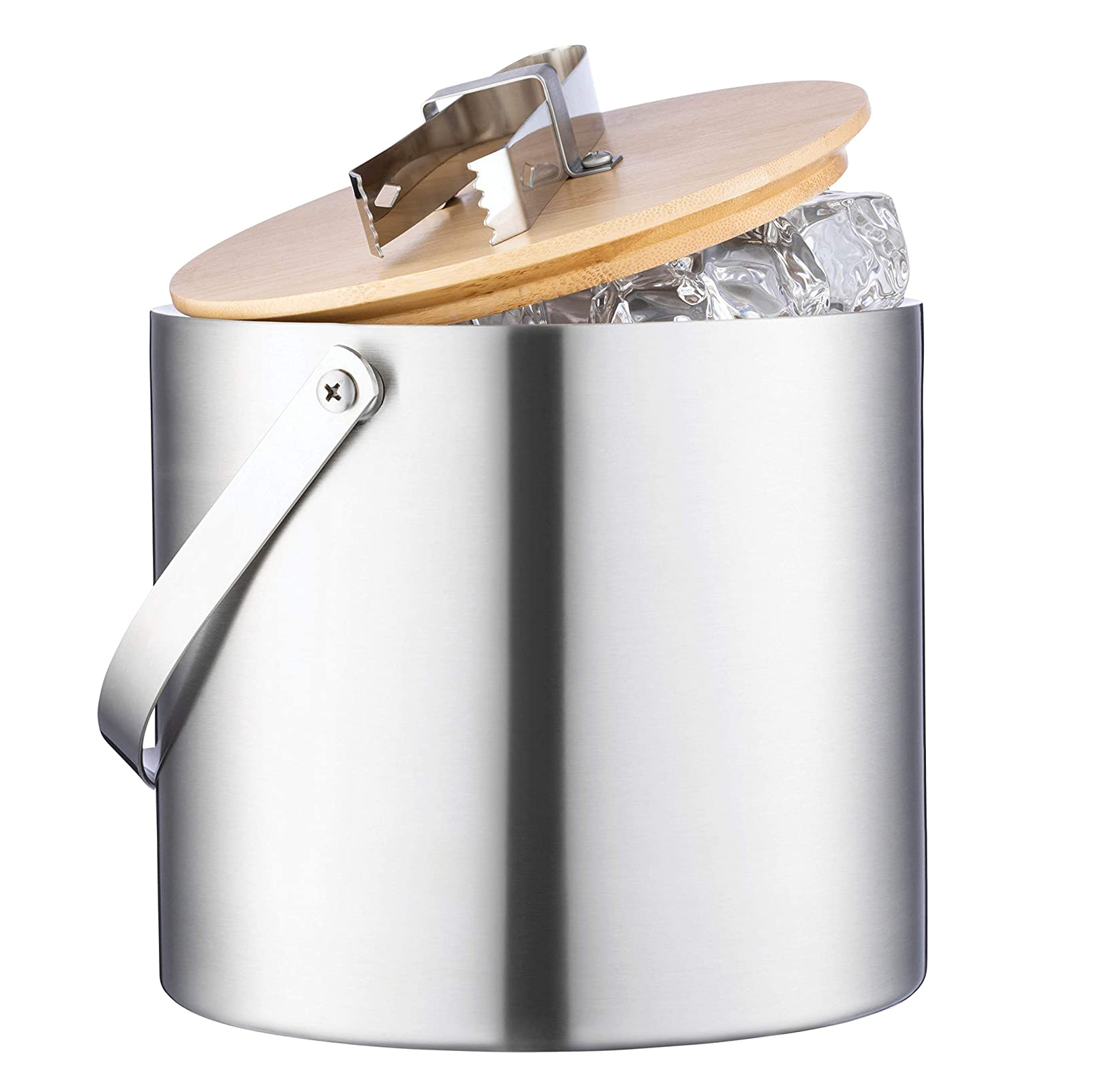 Katangar Al'ada Biyu 3L Bakin Karfe Insulated Ice Bucket Tare da Murfin Bamboo da Tongs Ice