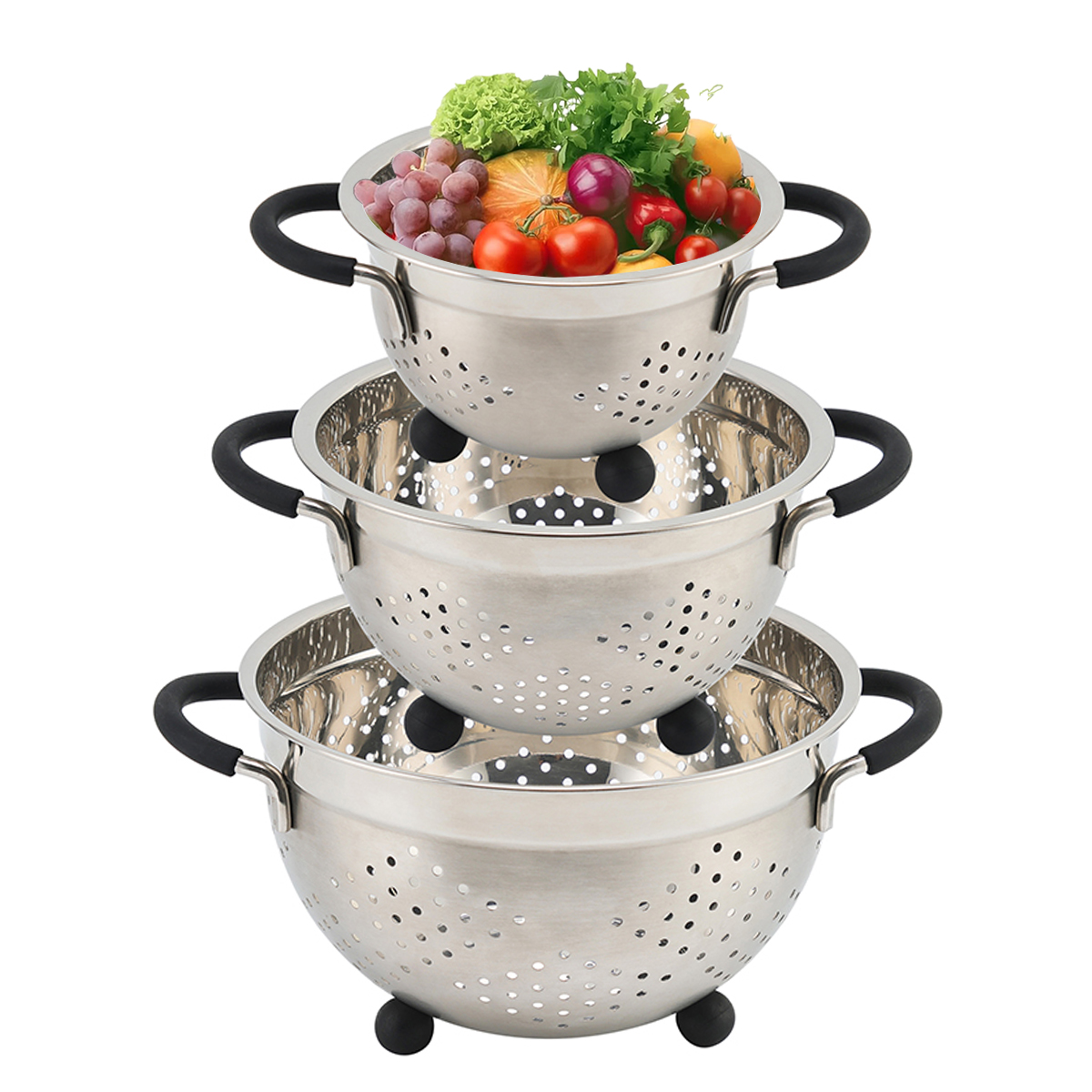 Set de coladores de cociña para froitas e verduras, cesta de almacenamento de escurridor de aceiro inoxidable con mango e pés de silicona
