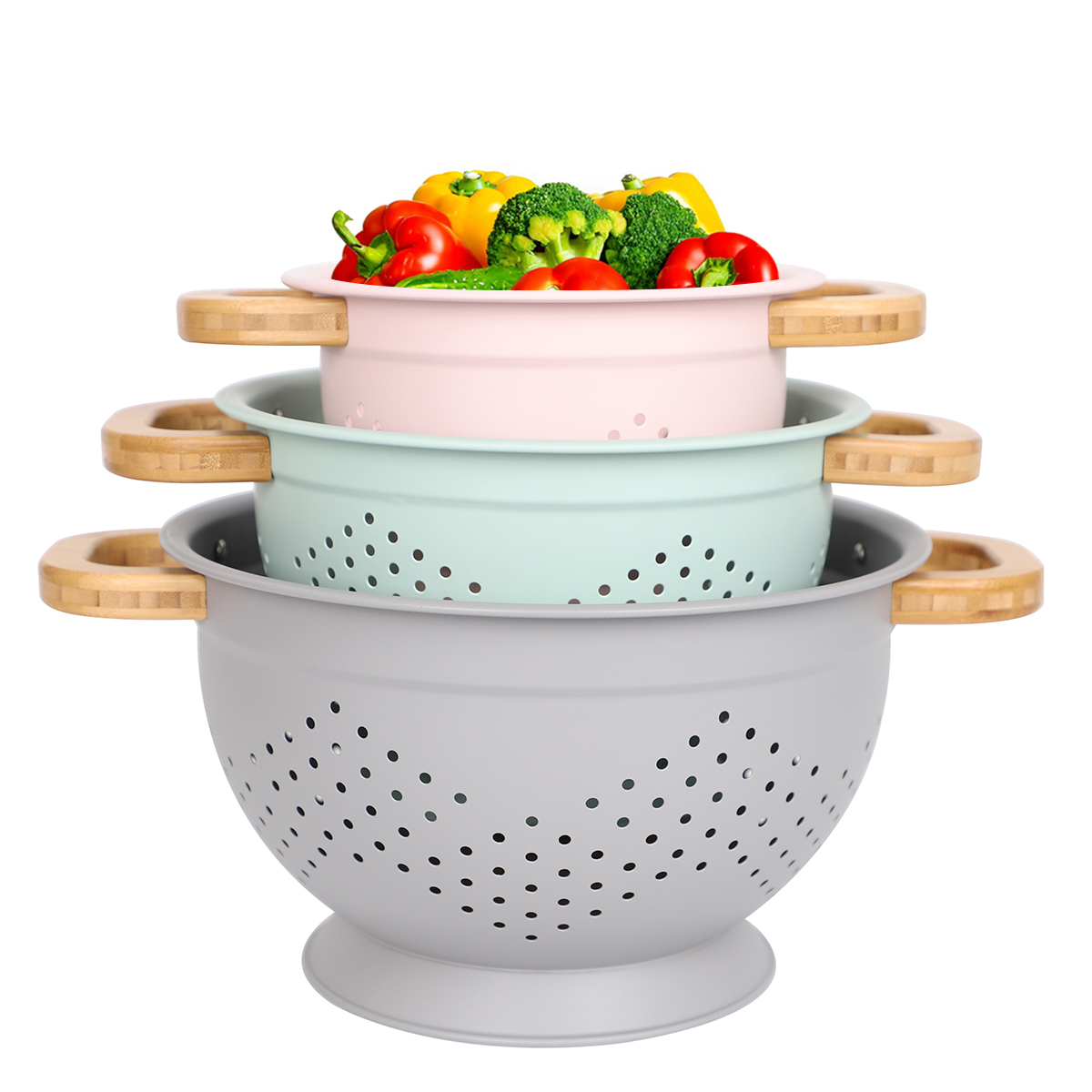 Set de coladores de cociña para froitas e verduras, cesta de almacenamento de drenaxe de aceiro inoxidable con tapa de mango de madeira