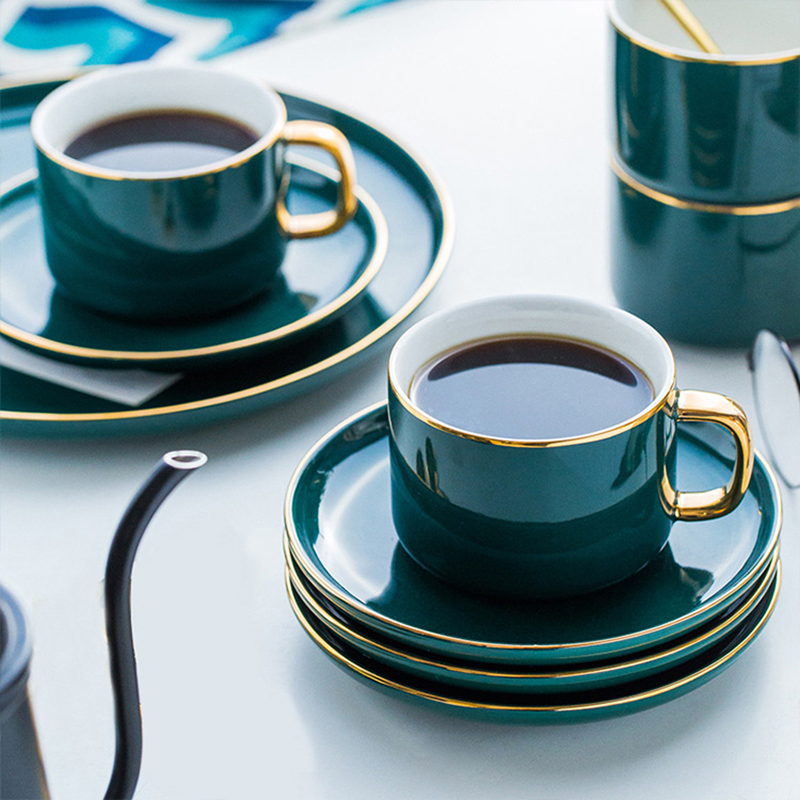 European-Style Luxury Coffee Mug Set Tea Cup Simple Tea Ceramic Cup with Spoon Latte Cup Dark Green Featured Image